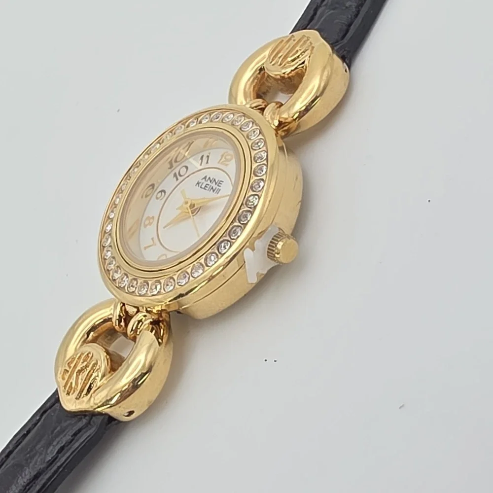 Vtg ANNE KLEIN II Ladie's Watch Women's Crystal Studded Gold Plate Leather 7.25